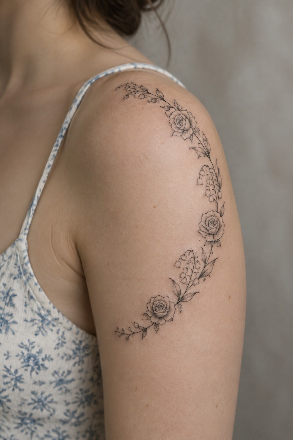 Fine line tattoo of roses and lily of the valley curving over a woman's shoulder
