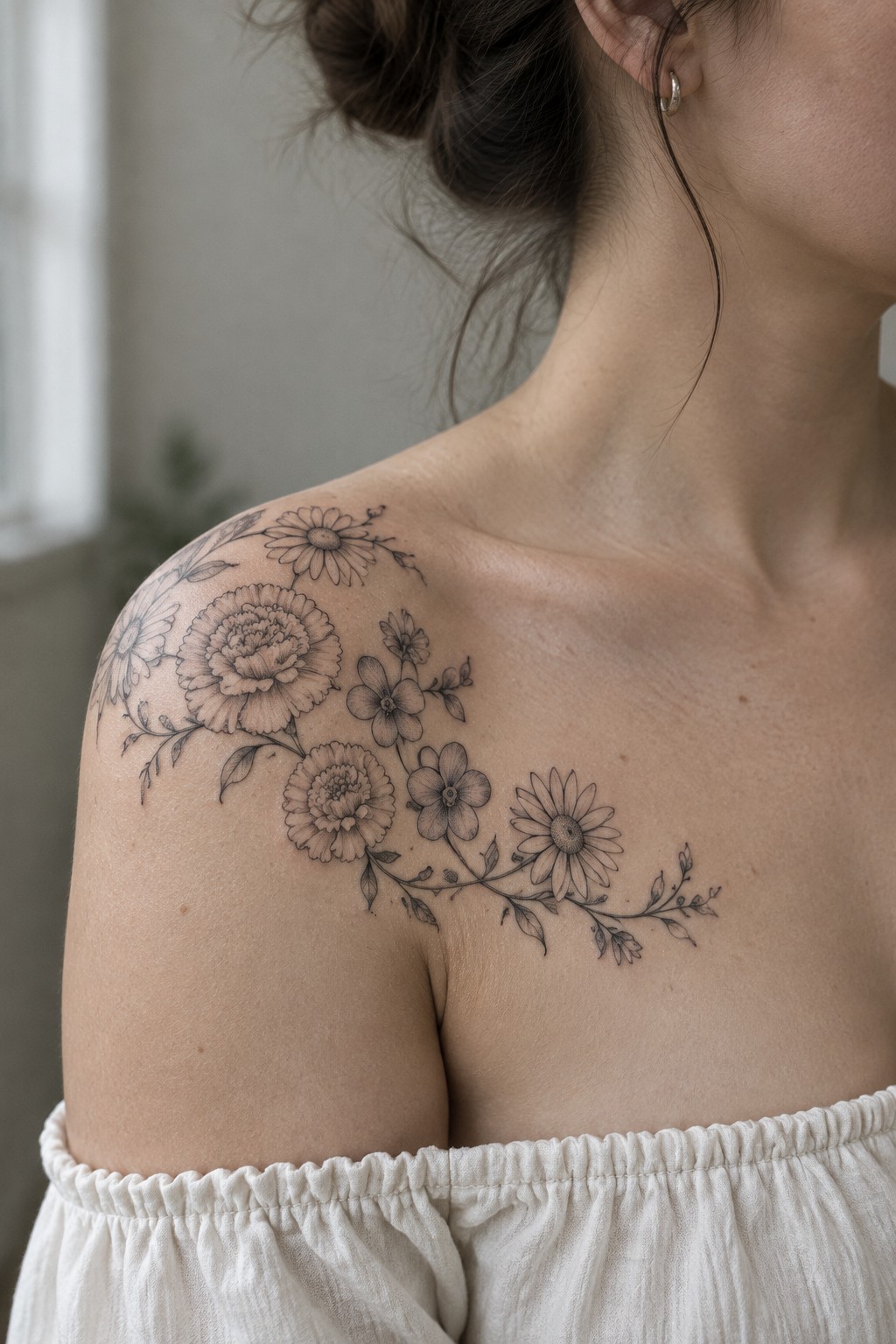 Fine line black and grey floral tattoo with daisies and larger blooms across a woman's shoulder and upper chest