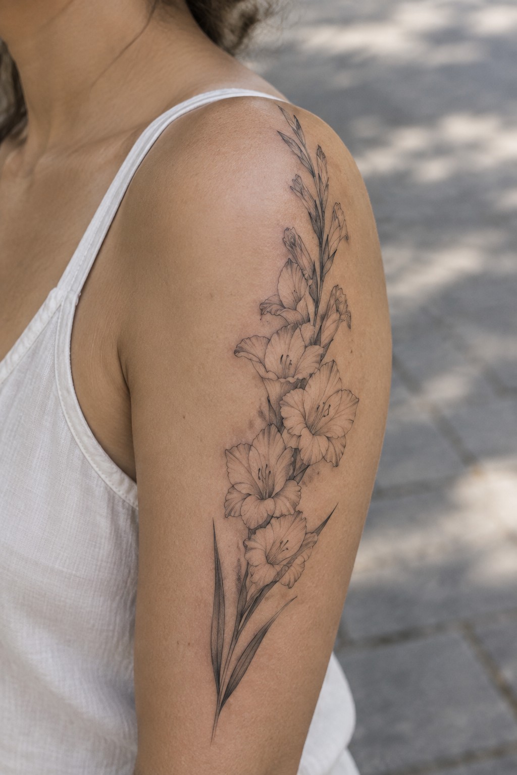 Fine line black and grey tattoo of gladiolus flowers on a woman's shoulder, with the blooms and stems extending vertically down the upper arm.