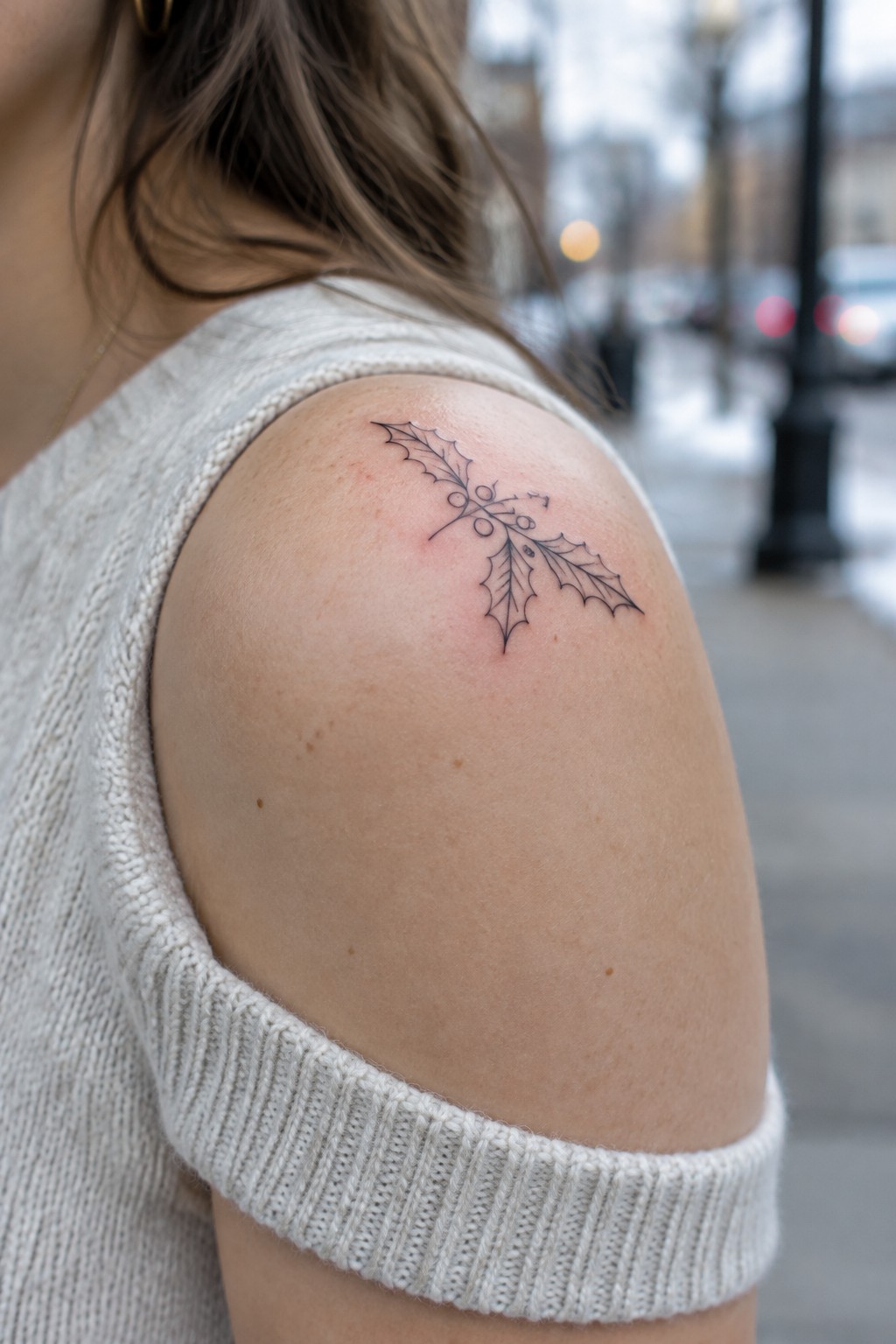 Holly leaf and berry tattoo on shoulder above white knit sweater