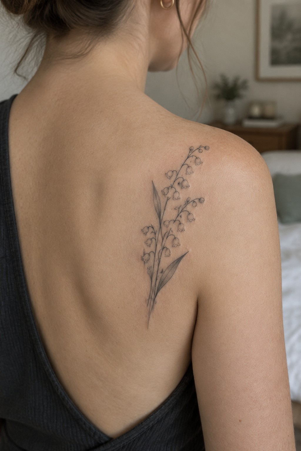 Fine line lily of the valley tattoo on woman's shoulder in bedroom