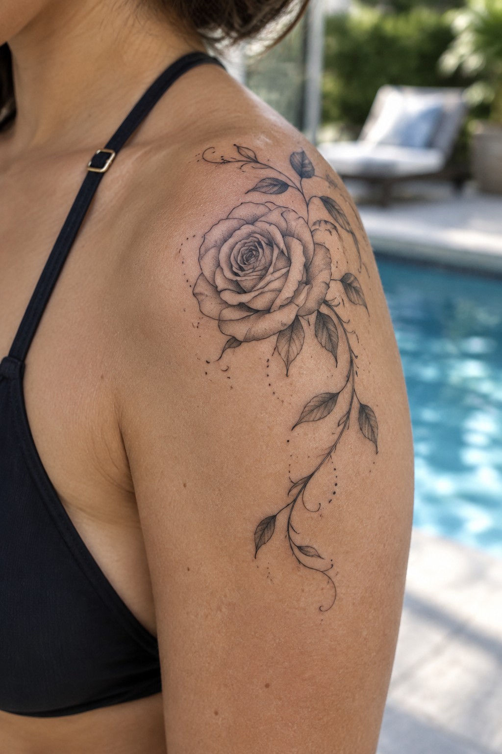 Woman's shoulder with large rose tattoo, black swimsuit strap, poolside background.
