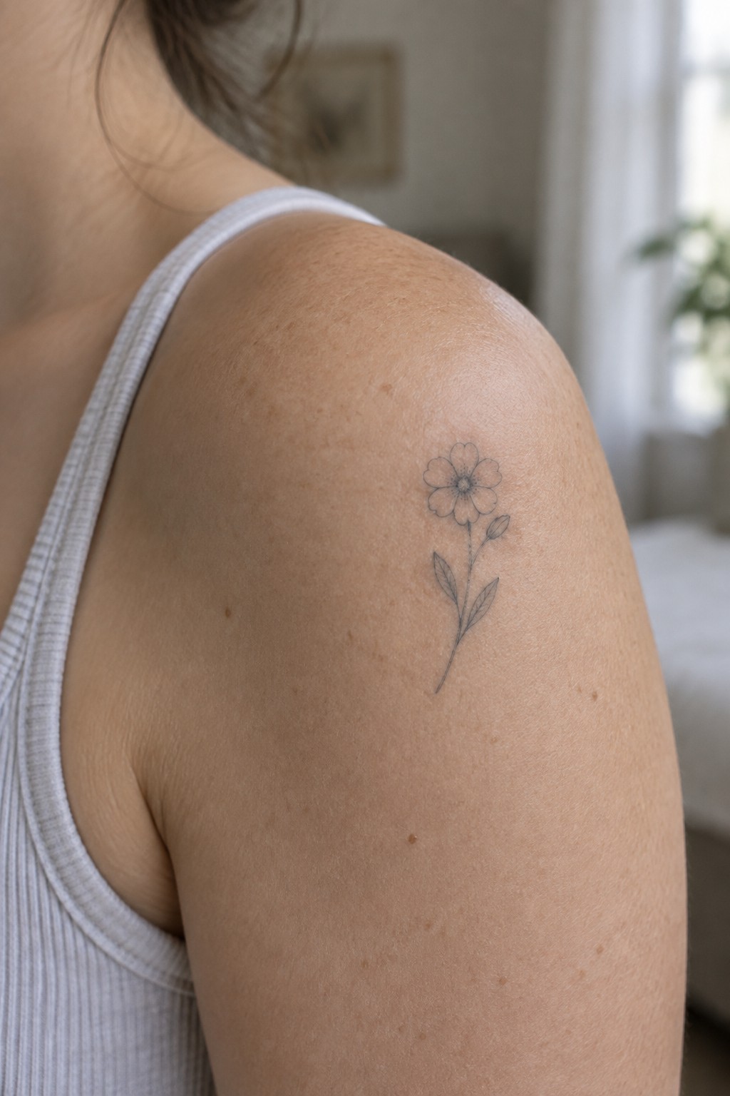 Fine line tattoo of a daisy-like flower with stem, leaves, and bud on a woman's shoulder