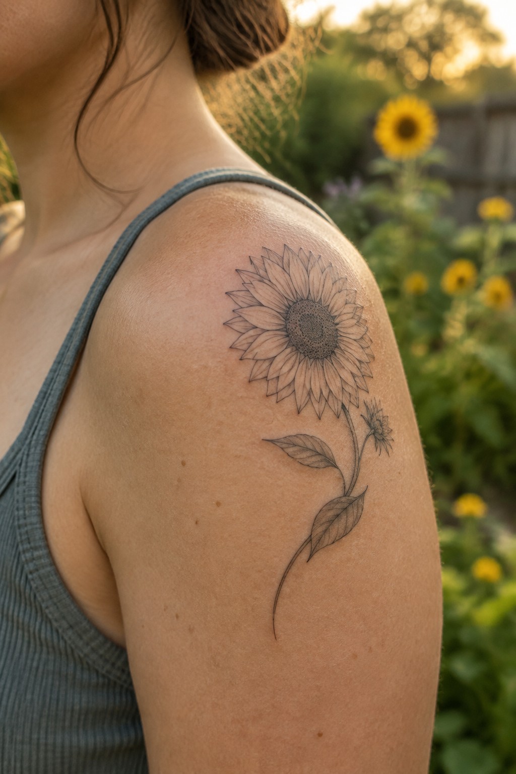 Fine line sunflower tattoo on a woman's shoulder with stem and leaves extending down the arm