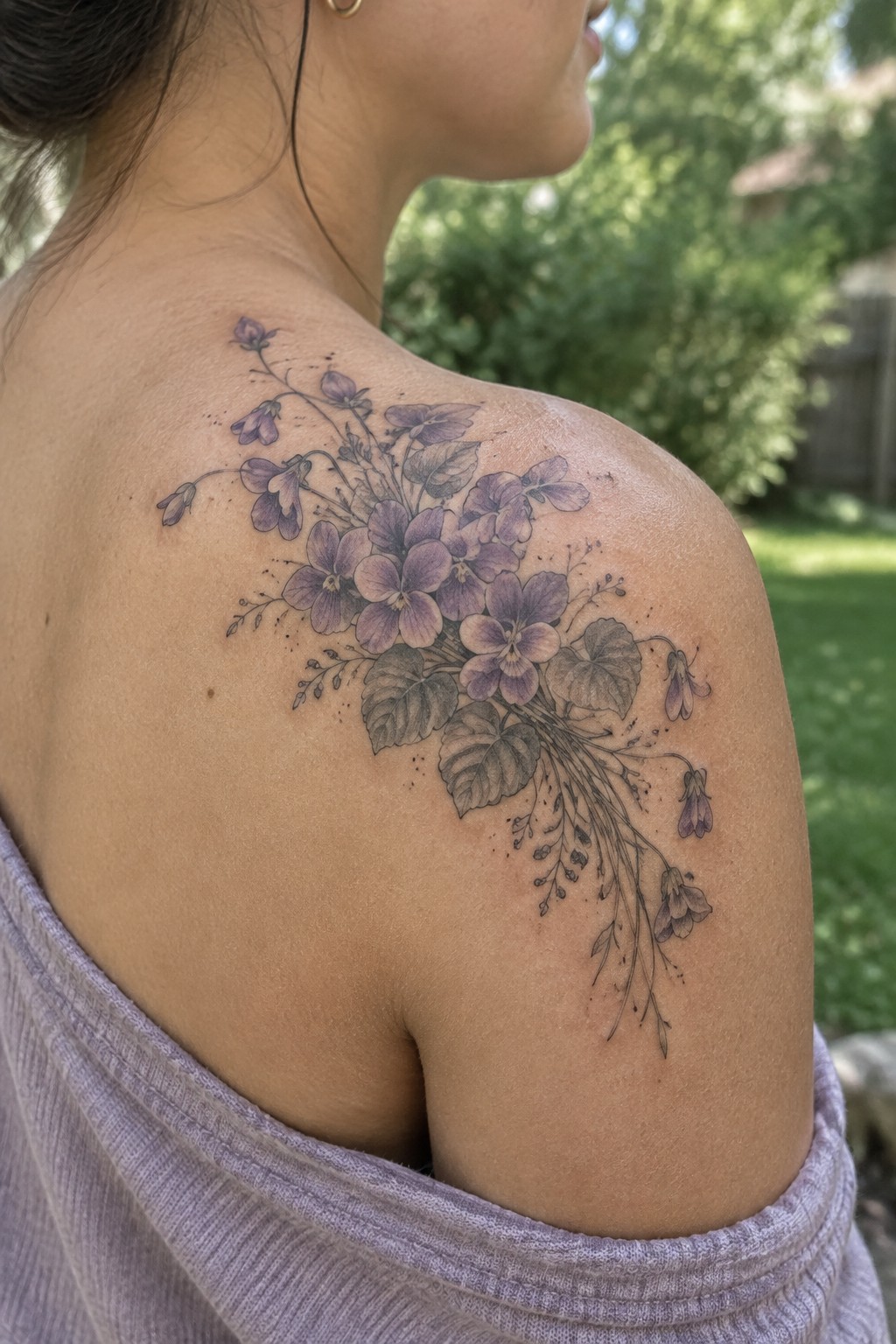 Purple floral tattoo on woman's shoulder above light purple top with green background