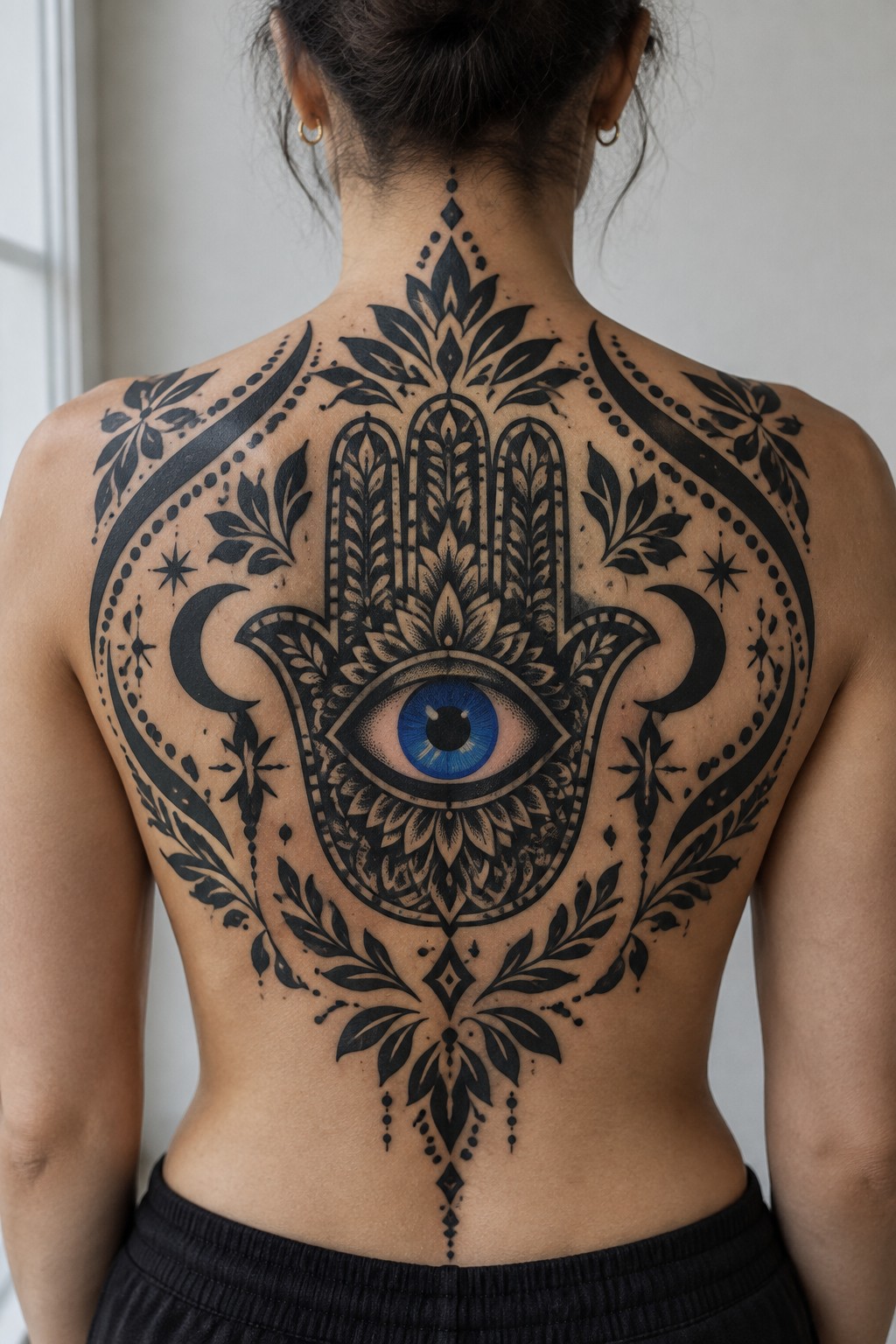 Woman's back with large black Hamsa tattoo featuring blue eye and floral motifs.