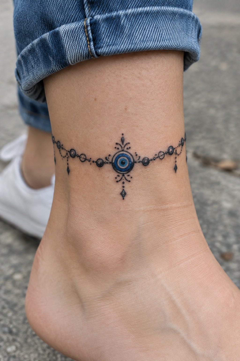 Delicate evil eye anklet tattoo on an ankle with a central blue eye, beaded chain details, and small dangling motifs.