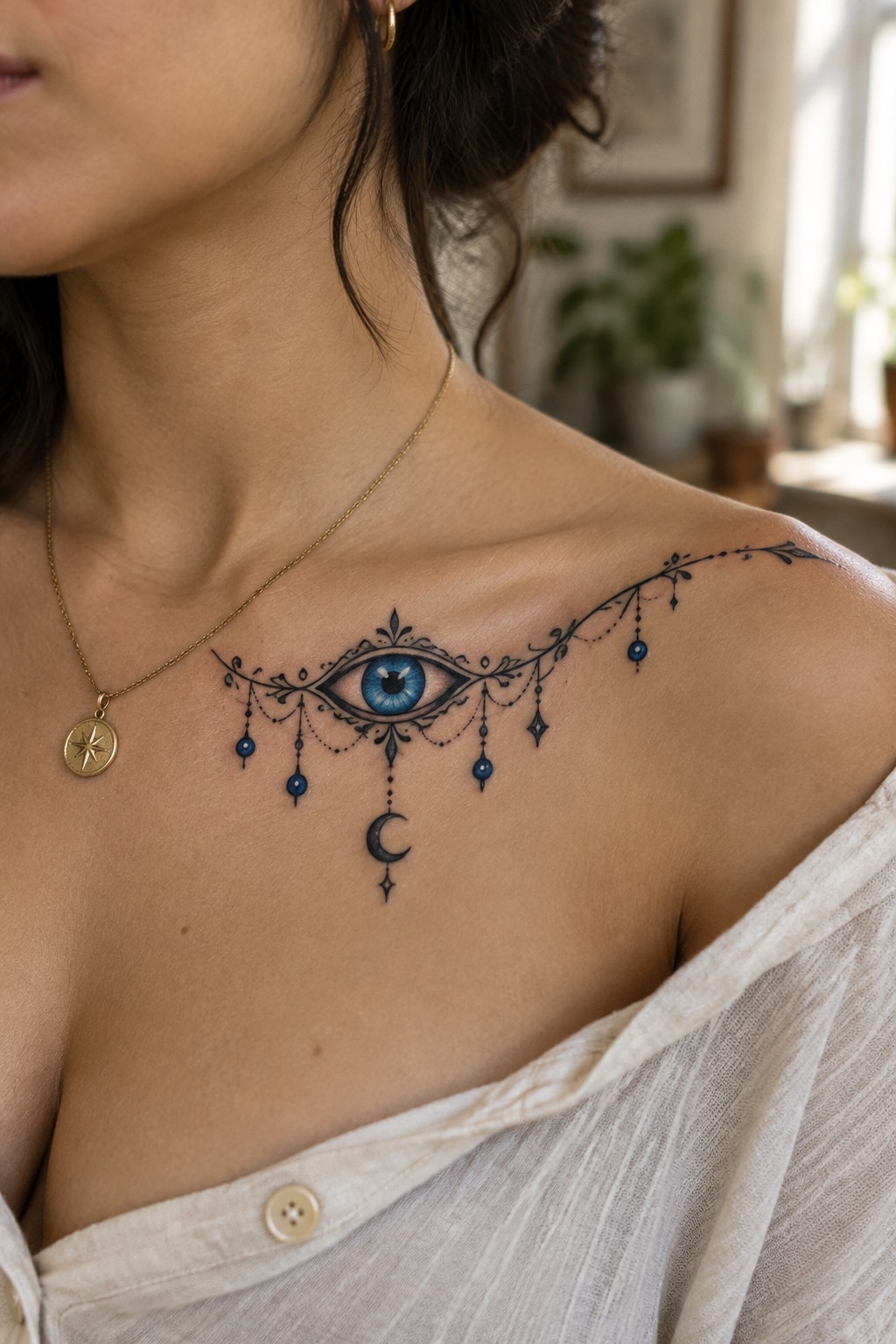 Ornate blue eye tattoo with beads and crescent moon on woman's collarbone with gold necklace