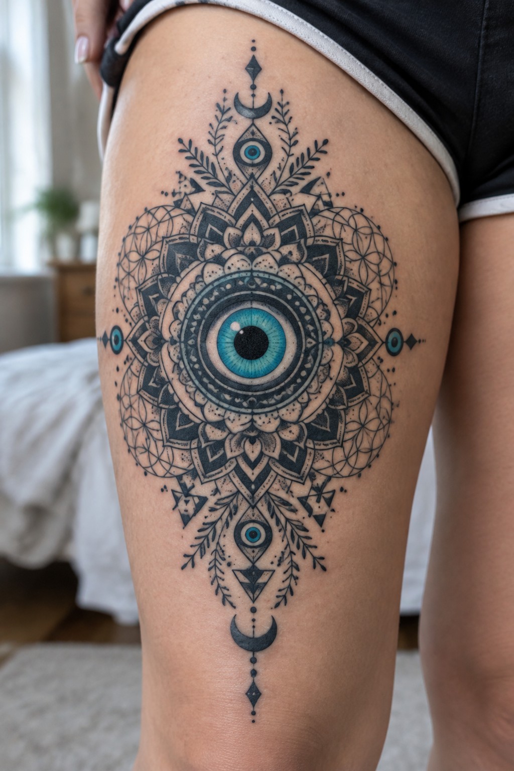 Intricate mandala tattoo with central blue eye on thigh in shorts.