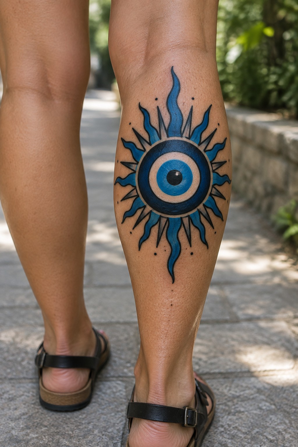 Blue evil eye sun tattoo with flame rays on calf above black sandals