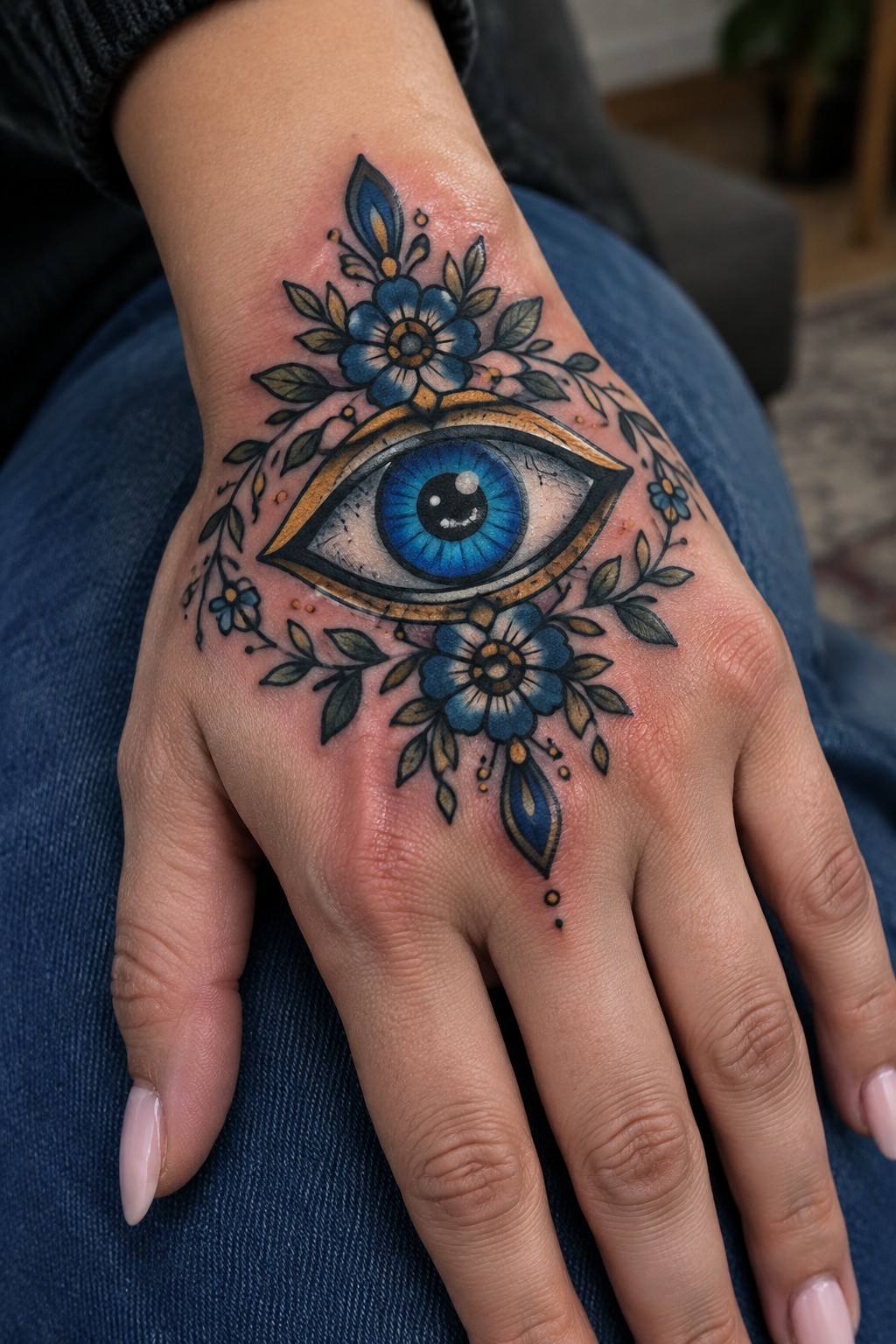 Blue eye tattoo with floral designs on hand resting on blue jeans.