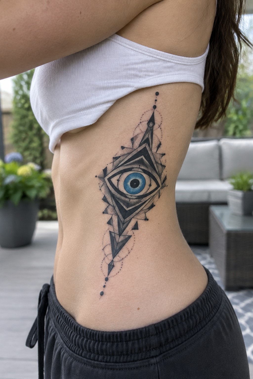 Geometric eye tattoo with blue iris on side below white crop top