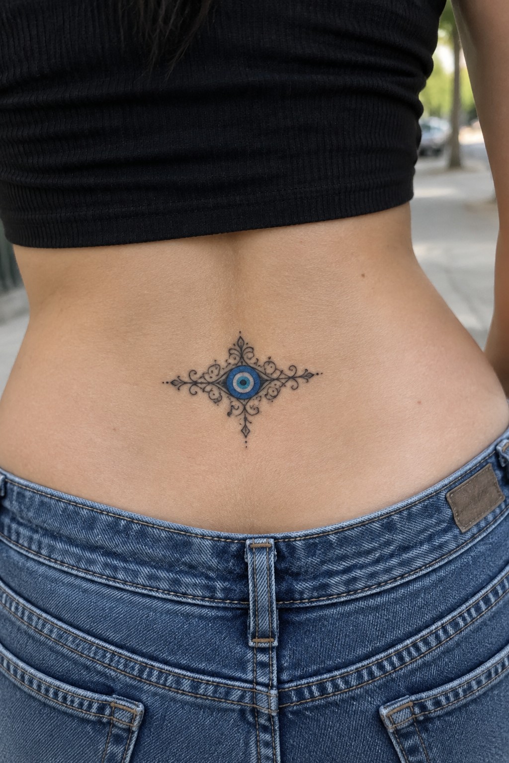 Small ornate evil eye tattoo with blue center and black decorative flourishes placed on a woman's lower back above blue jeans.