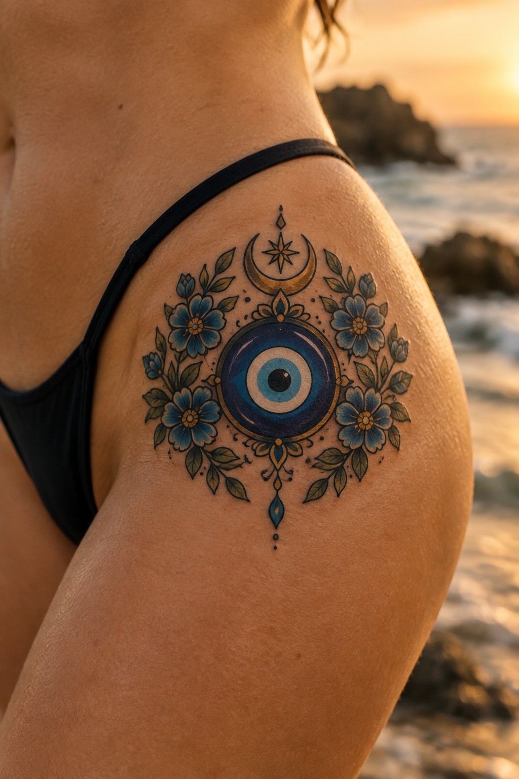 Colorful evil eye tattoo with blue flowers and moon on hip at sunset.