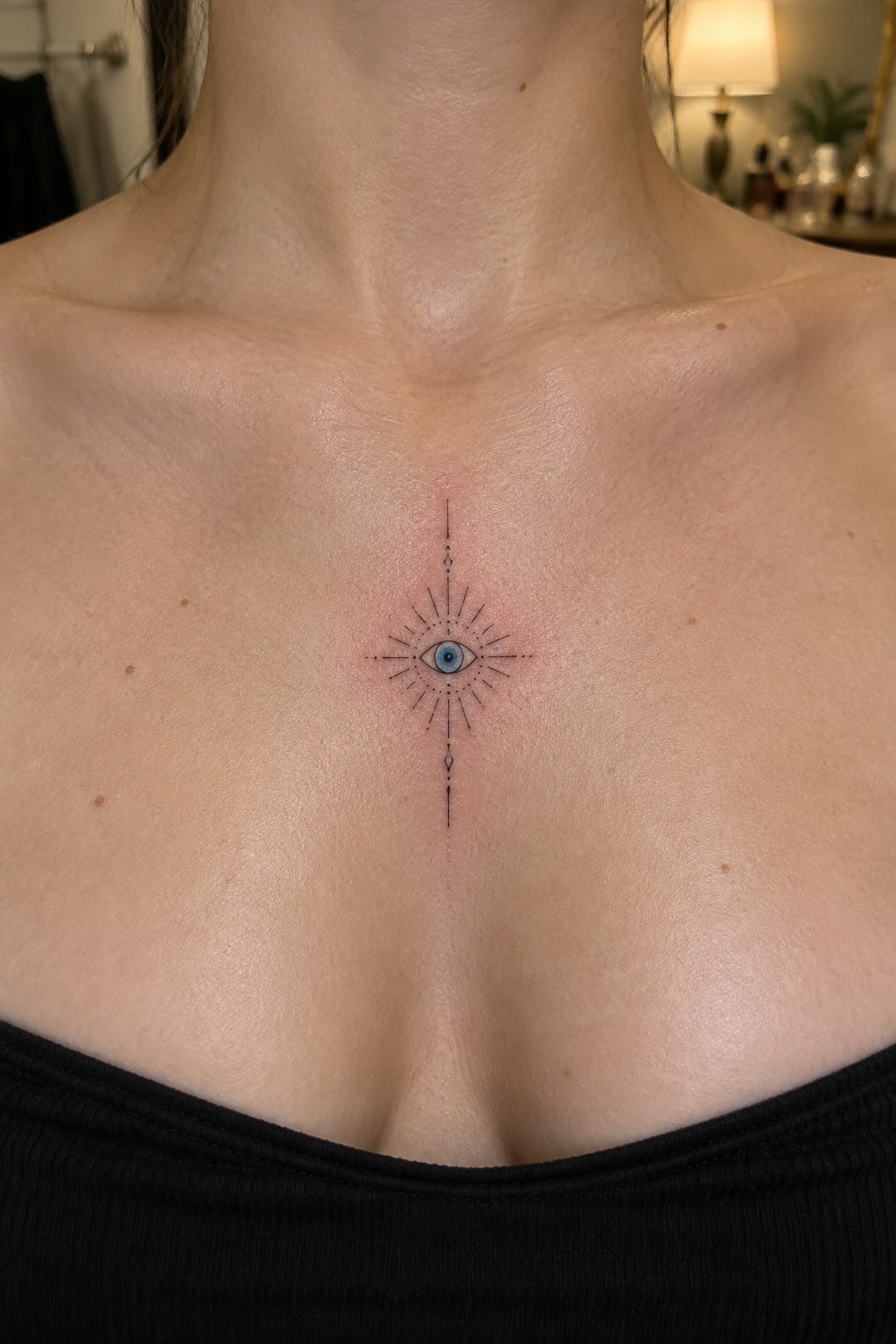 Small fine line evil eye tattoo with radiating lines and vertical accents placed in the center of the upper chest on light skin.