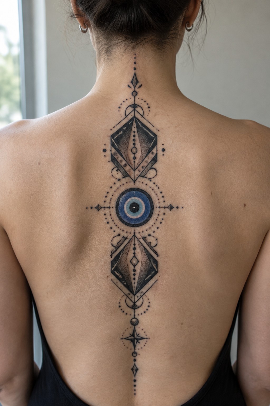 Vertical spine tattoo on a woman's back with a central blue evil eye surrounded by black geometric diamonds and dotwork patterns.
