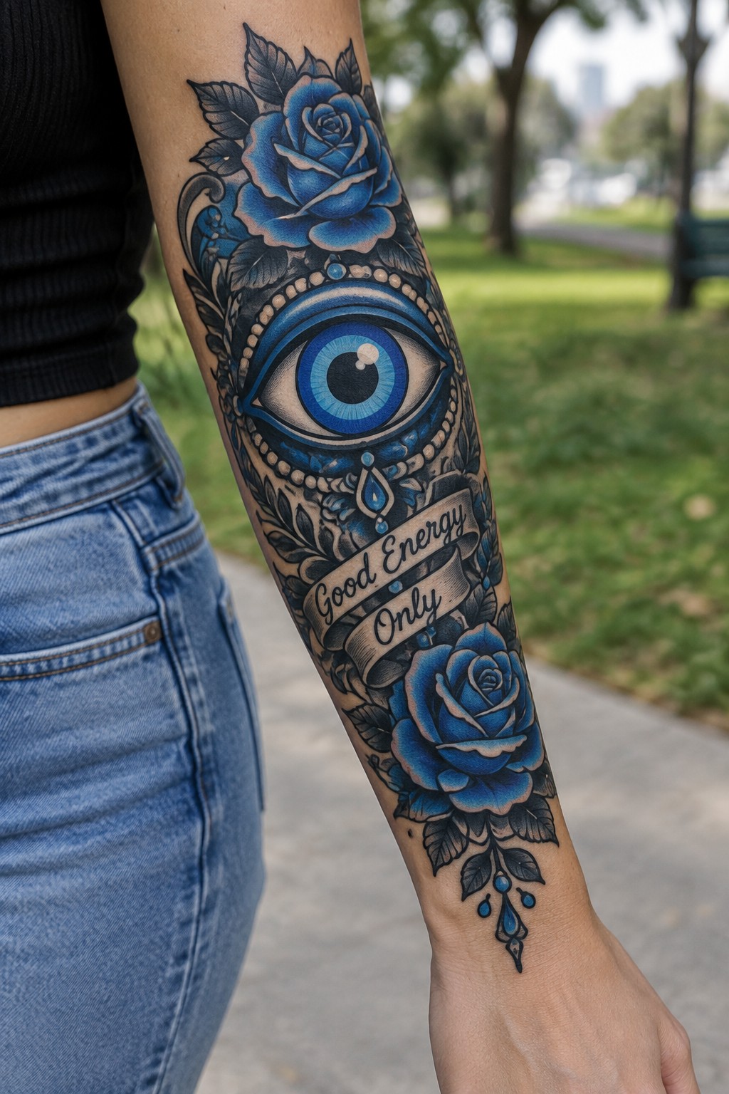 A large evil eye tattoo on a woman's forearm with blue roses above and below plus a banner that reads good energy only