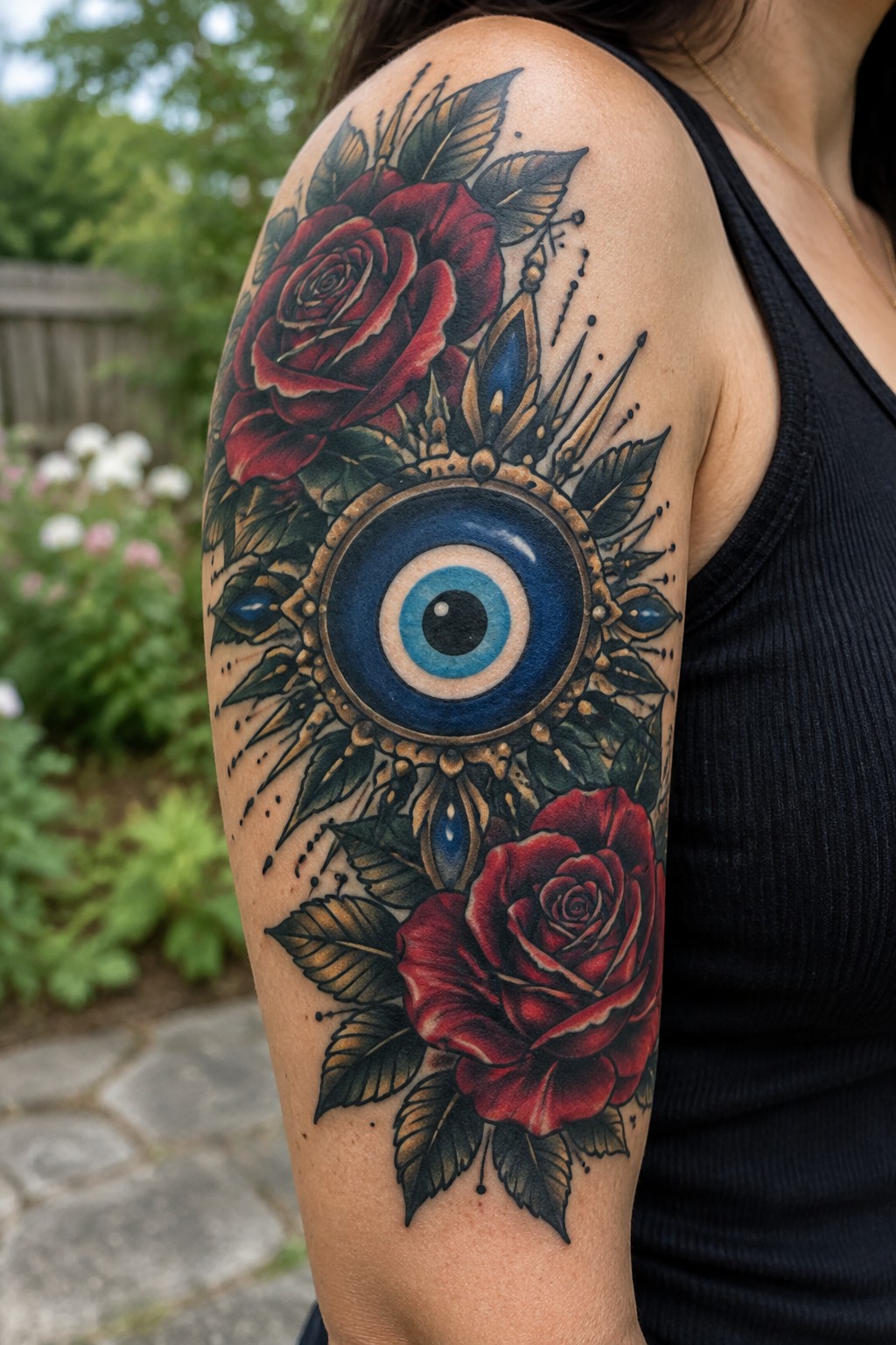 A realistic color tattoo of a blue evil eye centered between two red roses with green leaves on a woman's upper arm.