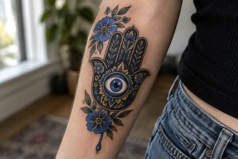 19 Bold Spiritual Protection Tattoos for Women Featuring Evil Eye Designs Detailed blue-gold Hamsa tattoo with evil eye and flowers on forearm.