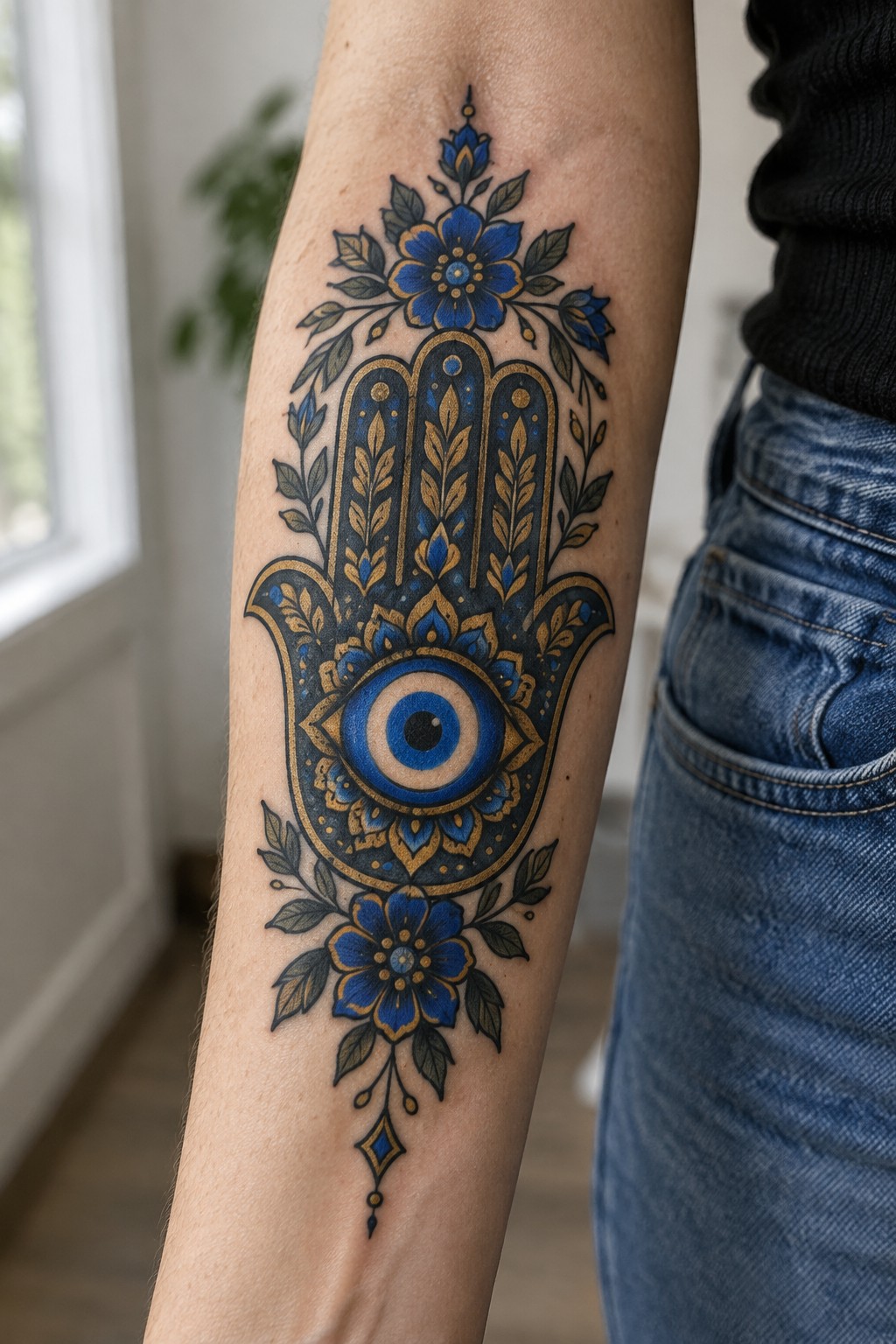 Detailed blue-gold Hamsa tattoo with evil eye and flowers on forearm.