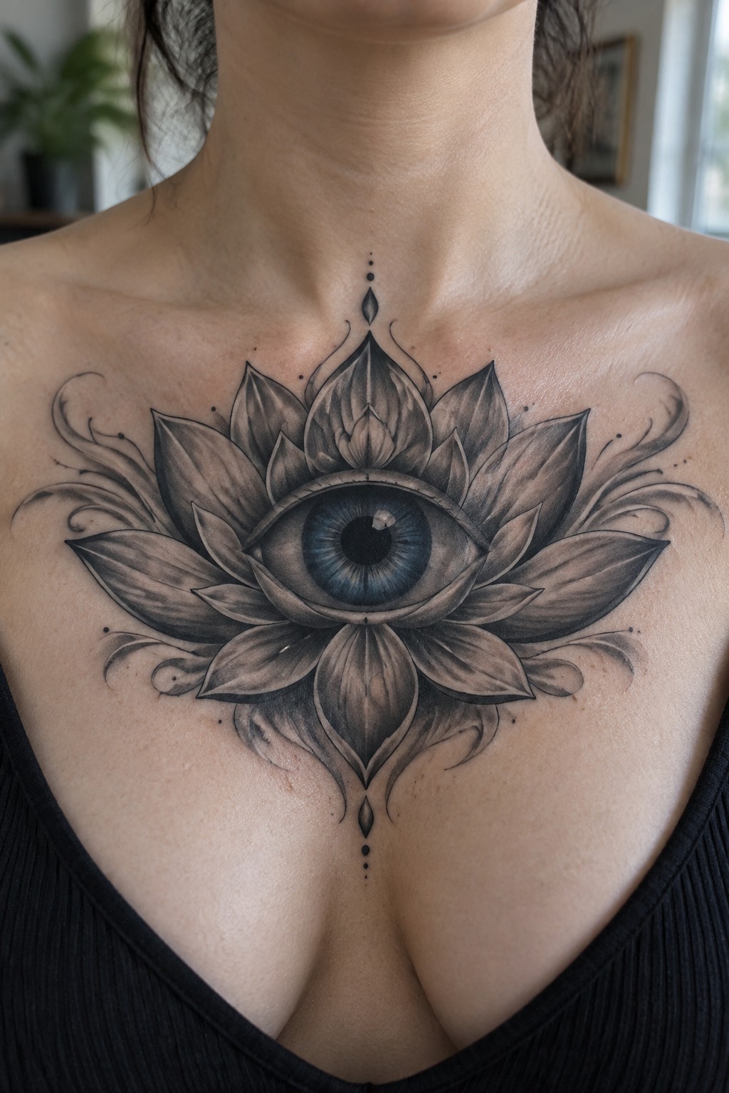 Black and grey lotus flower tattoo with an evil eye in the center, placed on the upper chest.