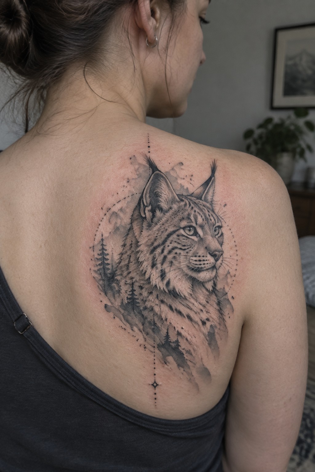 Black and grey illustrative tattoo of a lynx on a woman's upper back with trees and mountains in the background