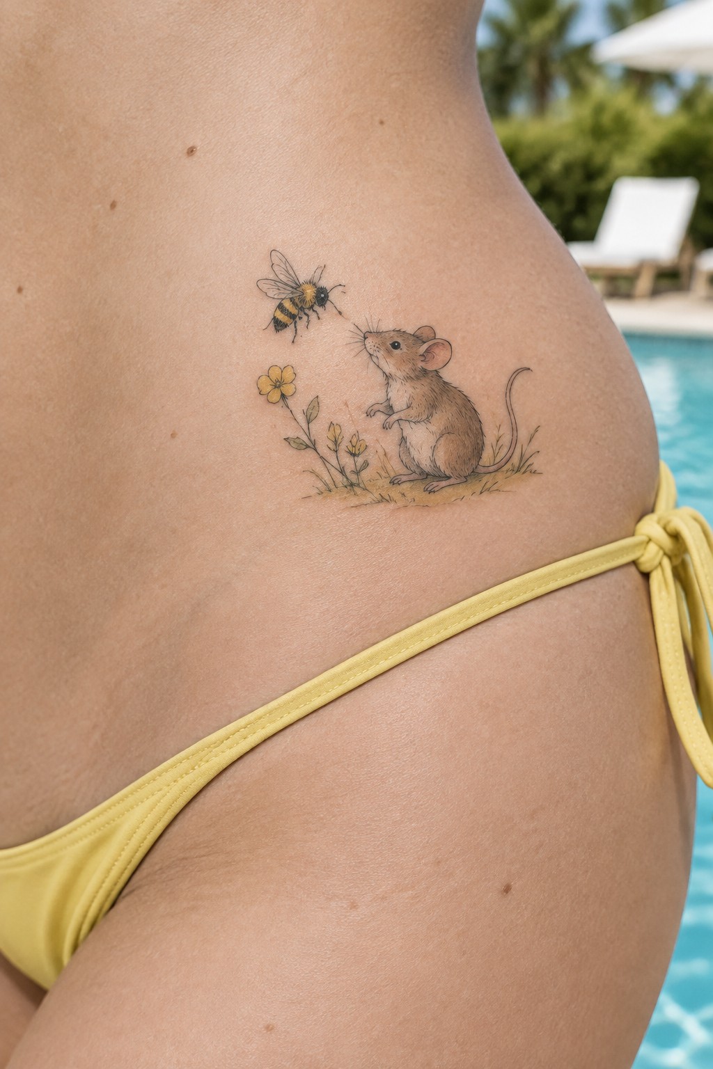 Small illustrative tattoo of a mouse and bee with flowers on the hip in storybook style.