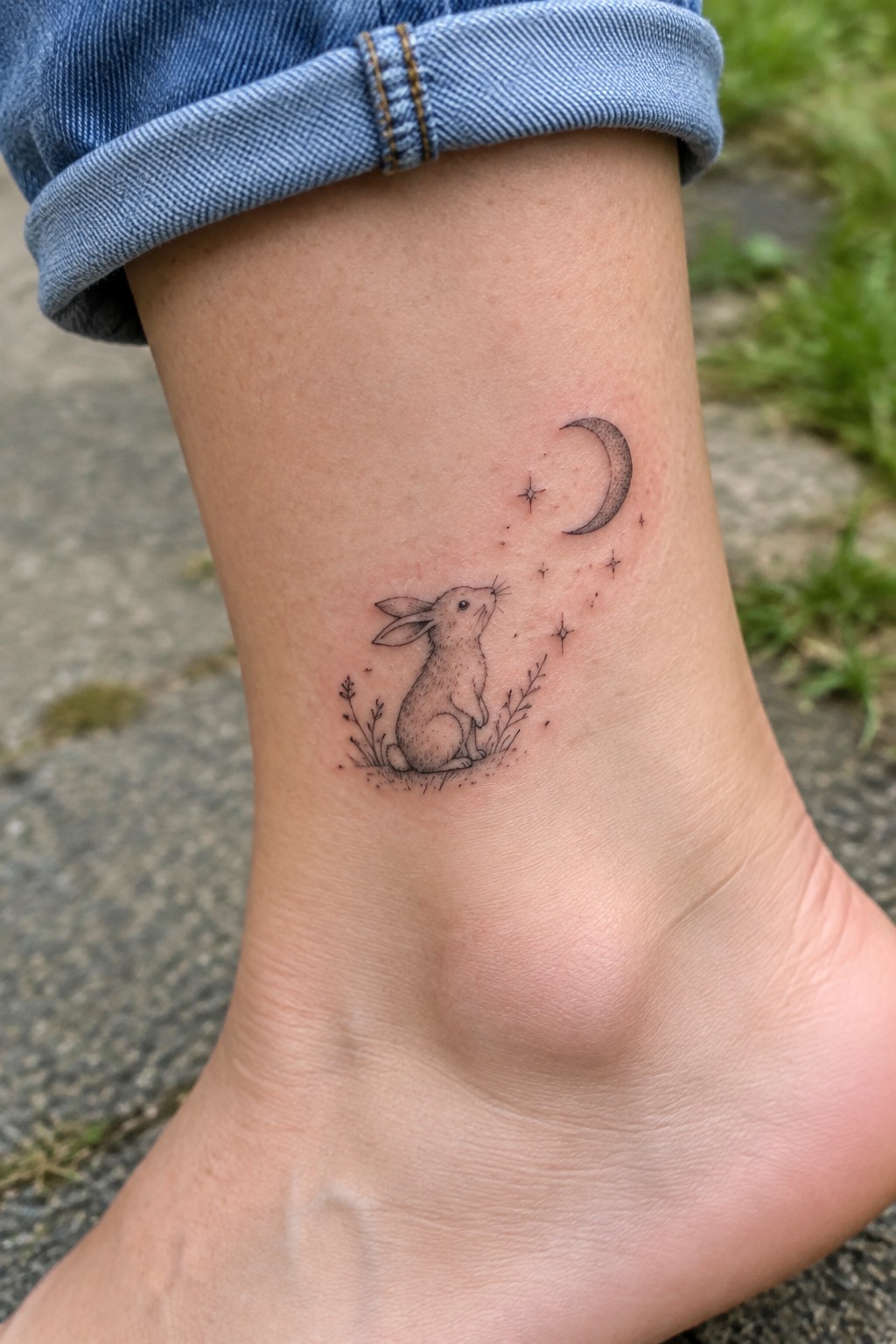 Fine line illustrative tattoo of a sitting rabbit gazing at a crescent moon and stars on an ankle.