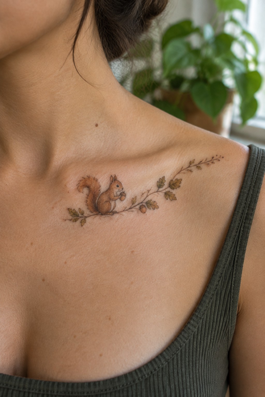 Small illustrative squirrel tattoo on a woman's collarbone, shown perched on a leafy branch with acorns extending toward the shoulder in soft brown tones