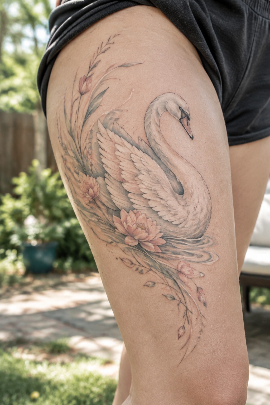 Watercolor swan tattoo with pink lotus flowers on thigh in black shorts.