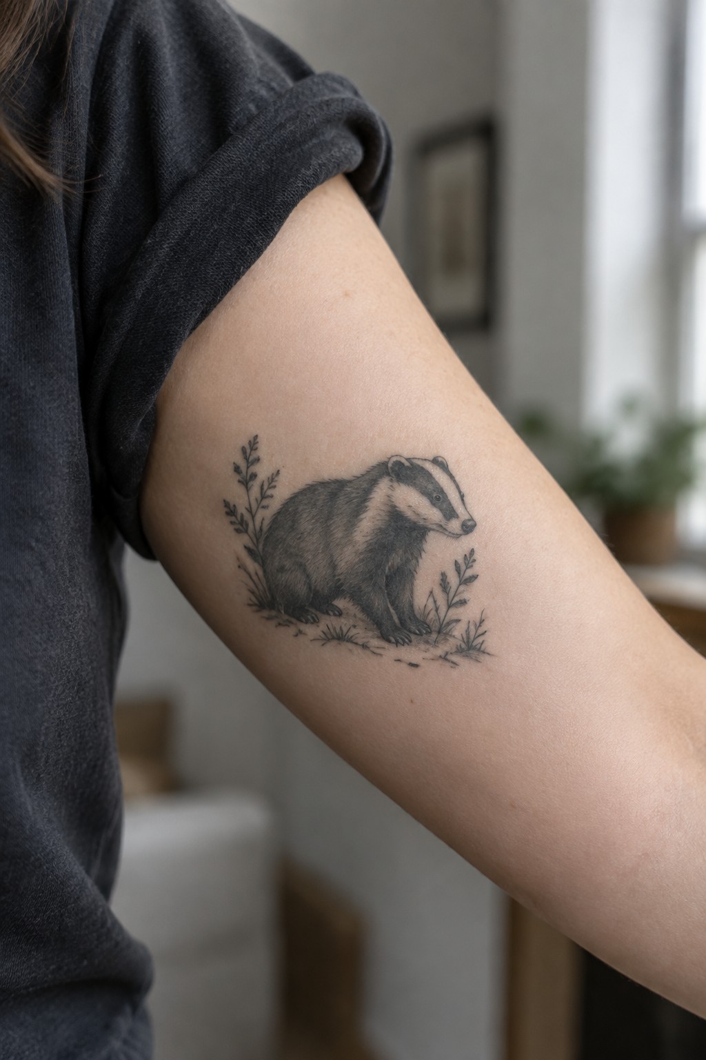 Badger tattoo with foliage on upper arm under dark gray sleeve