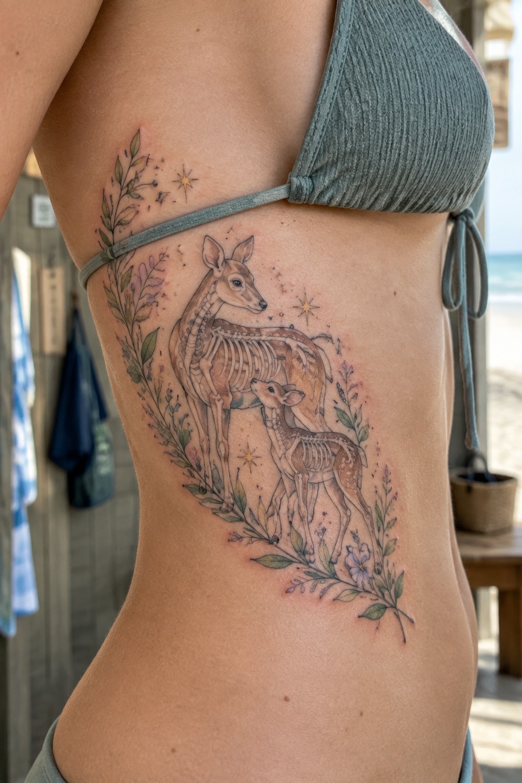 Woman's ribcage tattoo of two skeletal fawns amid flowers, leaves, and stars in green bikini