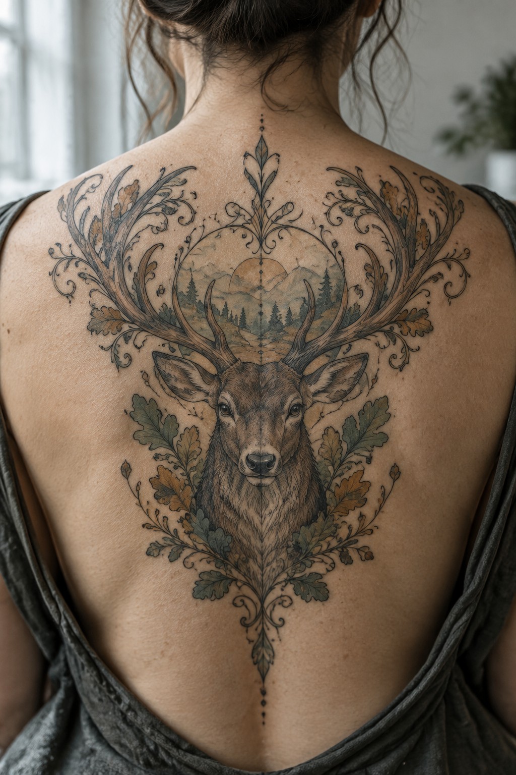 Large ornate deer tattoo with antlers and landscape on woman's back.