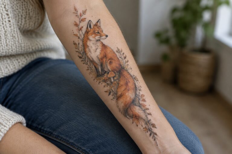 20 Creative Illustrative Animal Tattoos for Women Featuring Storybook-Style Wildlife Realistic fox tattoo on forearm with autumn leaves, trees, and rock.