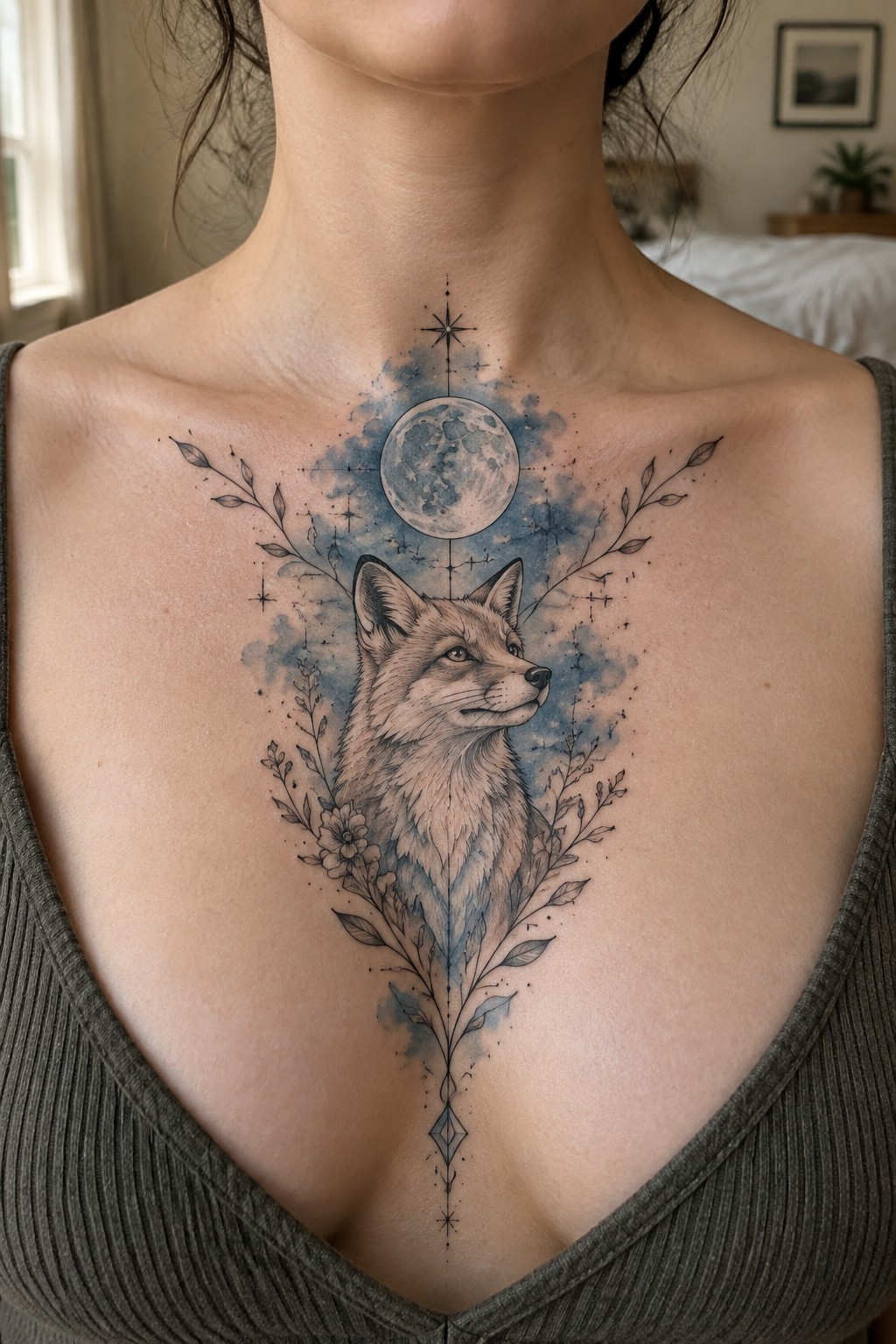 Illustrative tattoo of a fox head with a full moon above it and leafy branches on either side, placed on a woman's upper chest in soft blue shading.