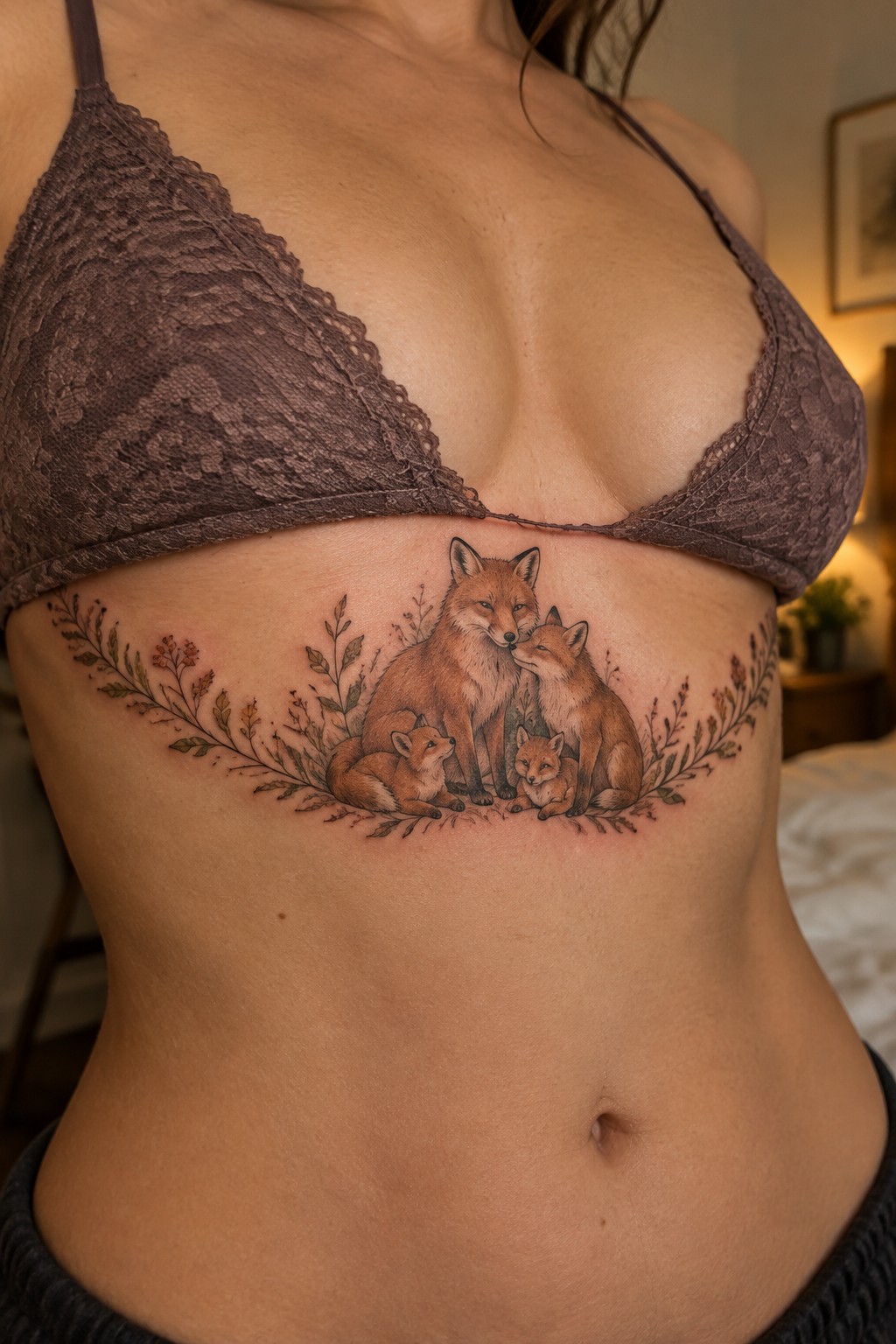 Woman's torso in brown lace bra with fox family tattoo on chest