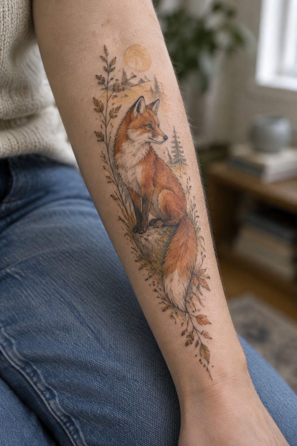 Realistic fox tattoo on forearm with autumn leaves, trees, and rock.