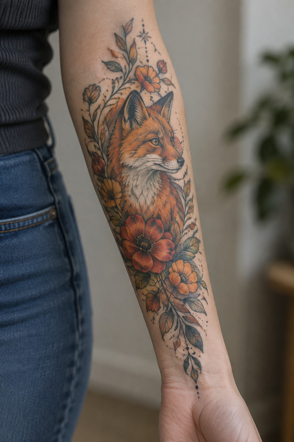 A realistic illustrative tattoo of a red fox on a woman's inner forearm, surrounded by orange and red flowers with green leaves, extending down toward the wrist.