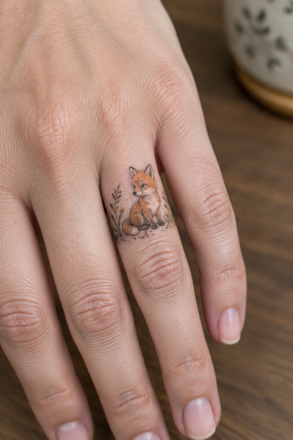 Tiny orange fox tattoo with plants on a ring finger