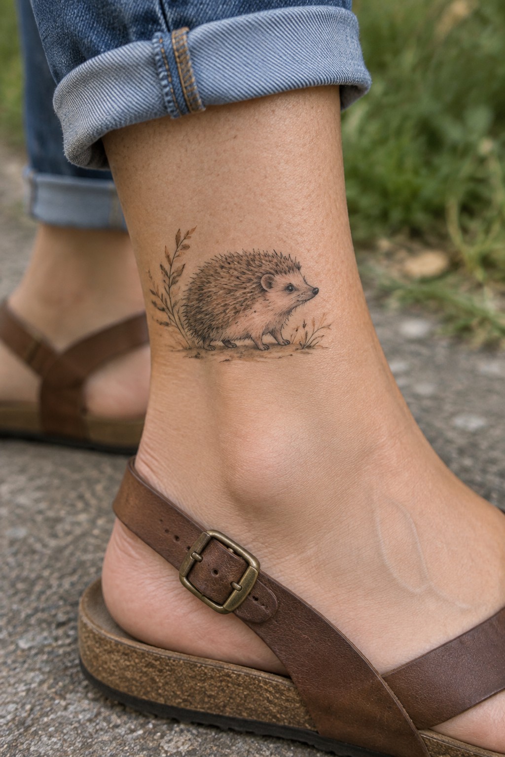 Hedgehog tattoo on ankle above brown sandal and rolled blue jeans cuff