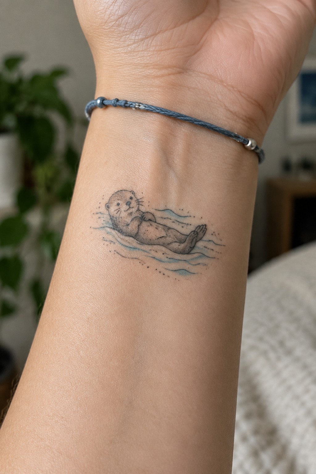 Otter floating on waves tattoo on wrist with blue braided bracelet