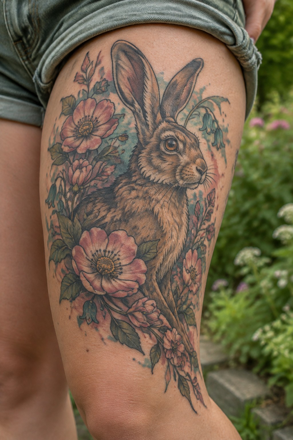 Realistic brown hare tattoo with pink flowers on thigh under denim shorts