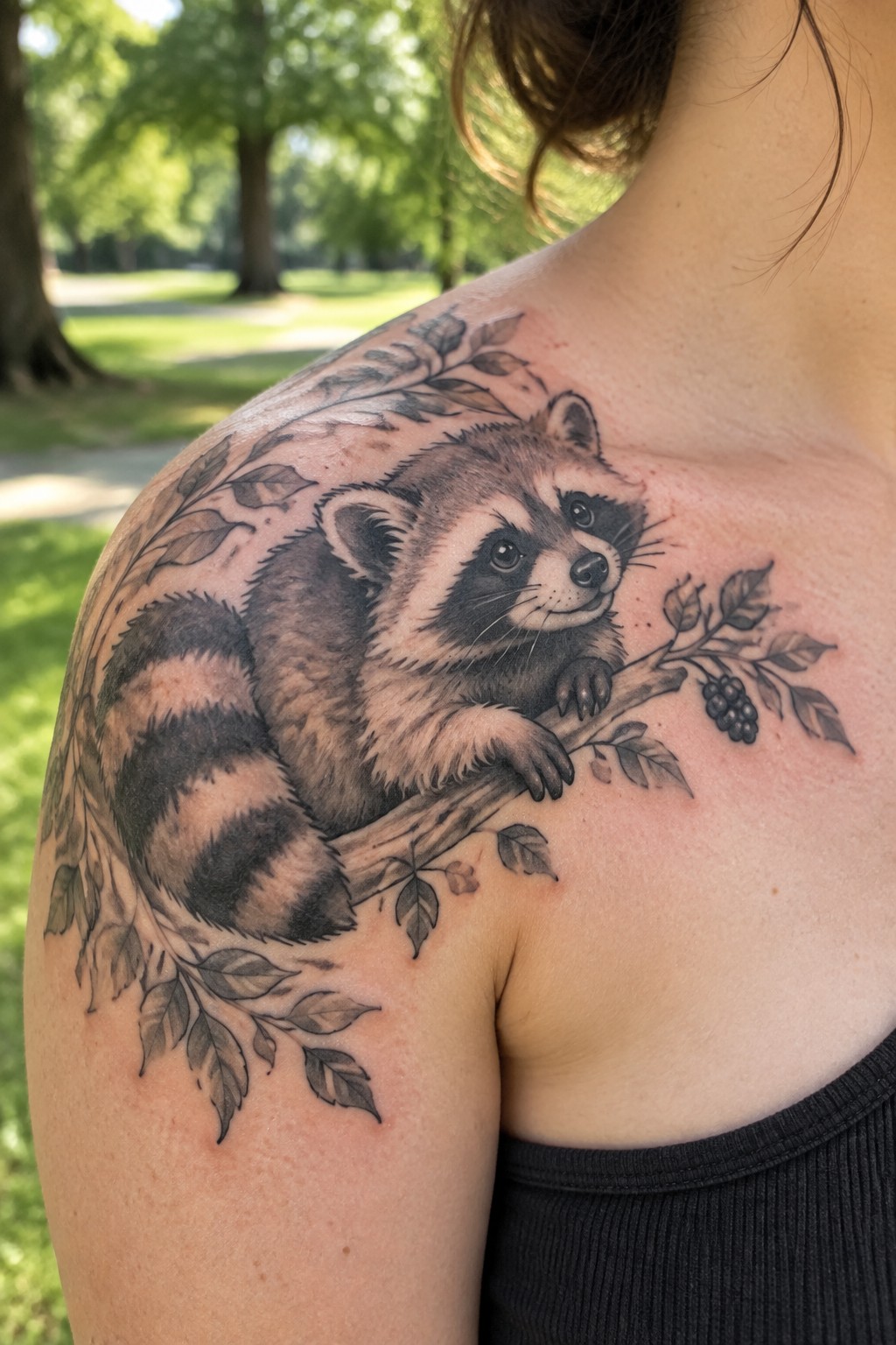 Raccoon tattoo on shoulder perched on leafy branch with berries, black top visible