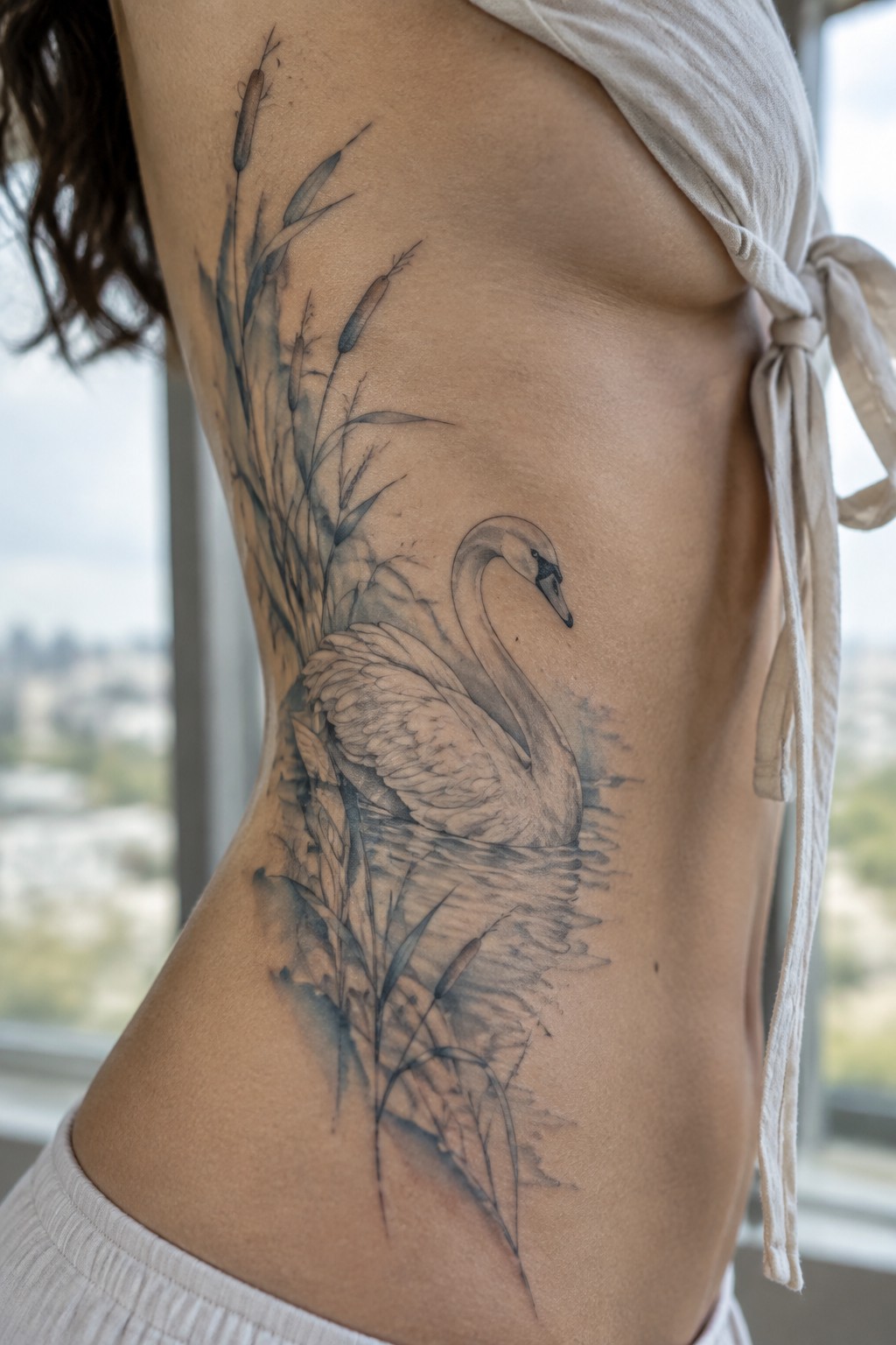 Black and gray illustrative swan tattoo on a woman's side rib area with surrounding reeds and water details