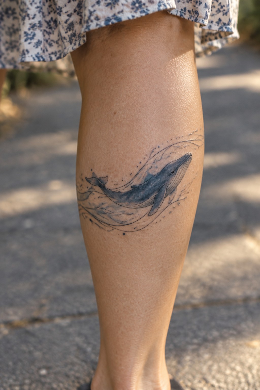 Illustrative whale tattoo on a calf with flowing water lines and soft blue shading