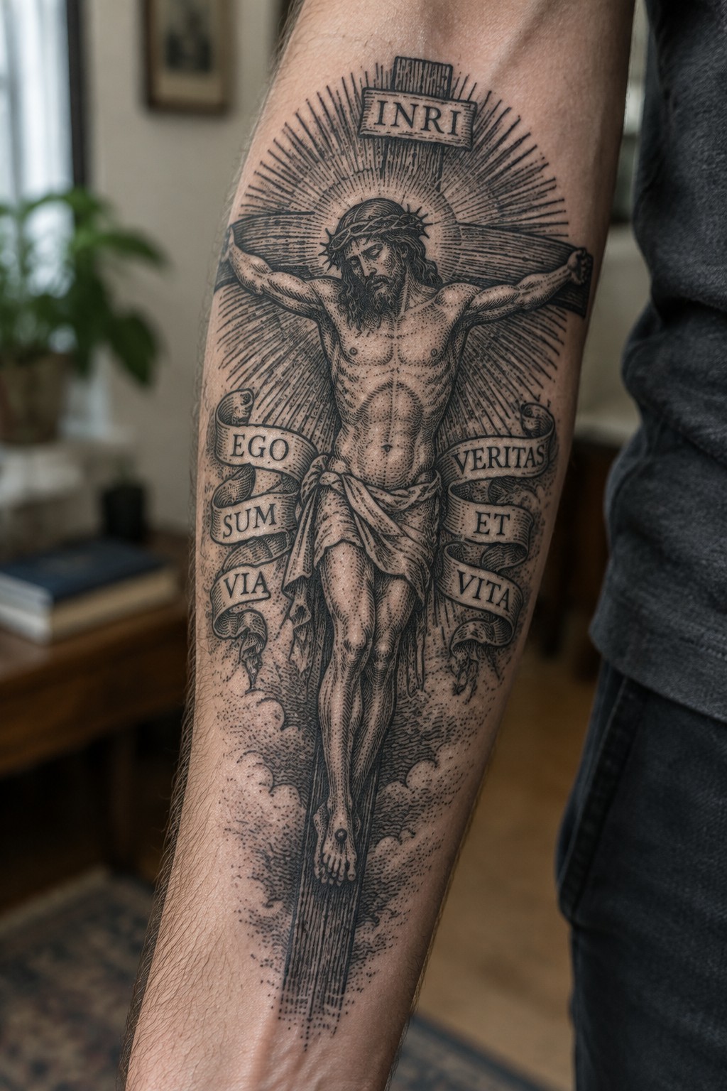 Realistic black-and-gray tattoo of Jesus crucified with INRI and Latin banners on forearm