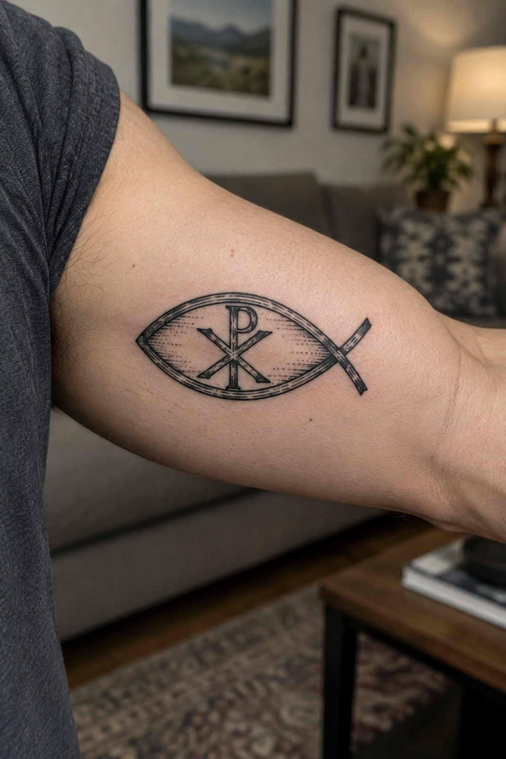 Gray sleeve frames fish tattoo with Chi-Rho cross on upper arm