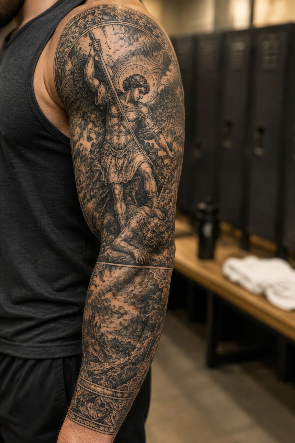 Muscular man in gray tank top with detailed black-and-gray angel warrior tattoo in locker room.