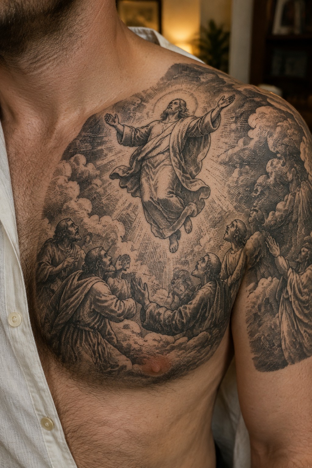 Detailed black-and-gray tattoo of Jesus ascending among apostles on man's chest