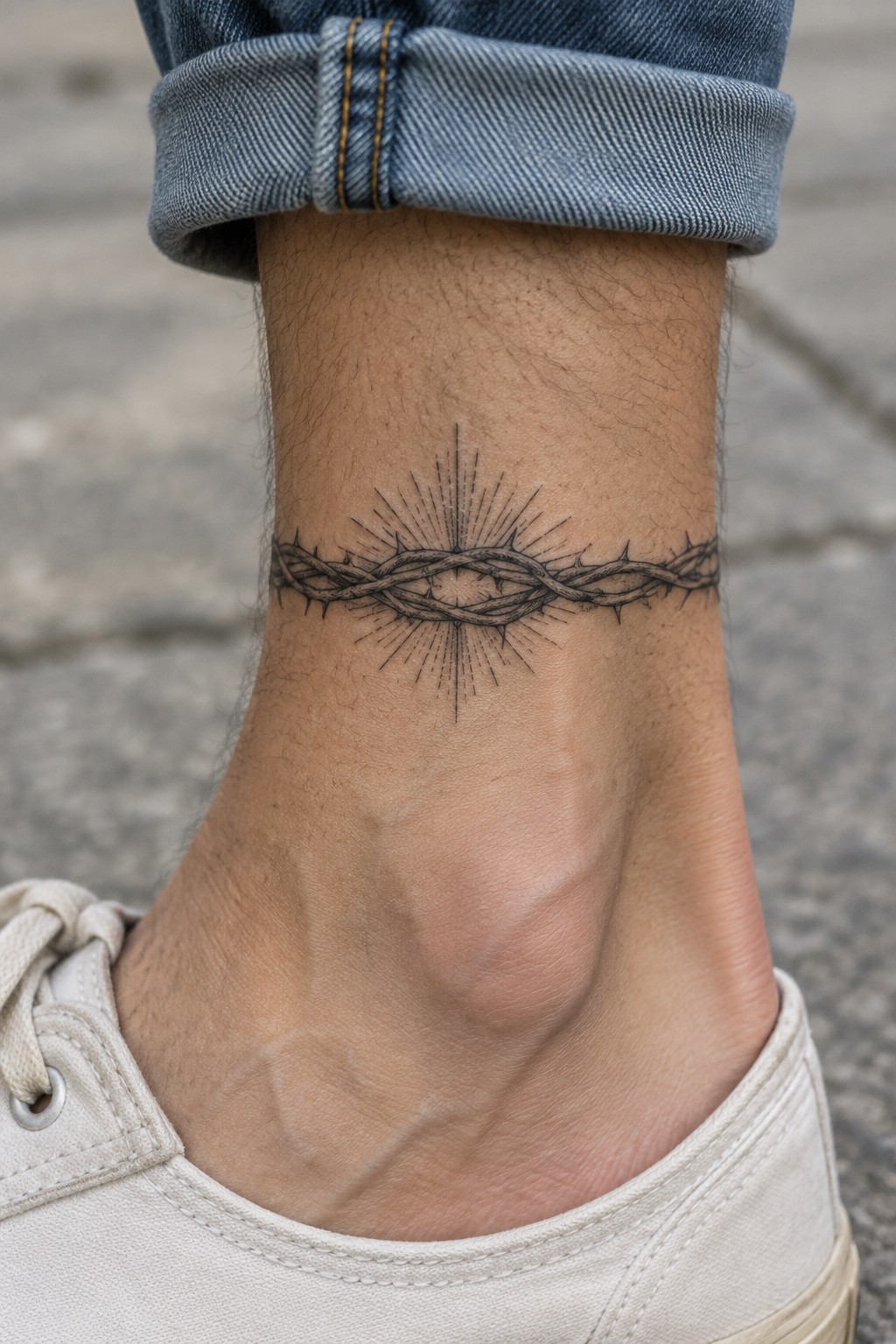 Crown of thorns tattoo with sun rays on ankle below cuffed jeans and white sneaker